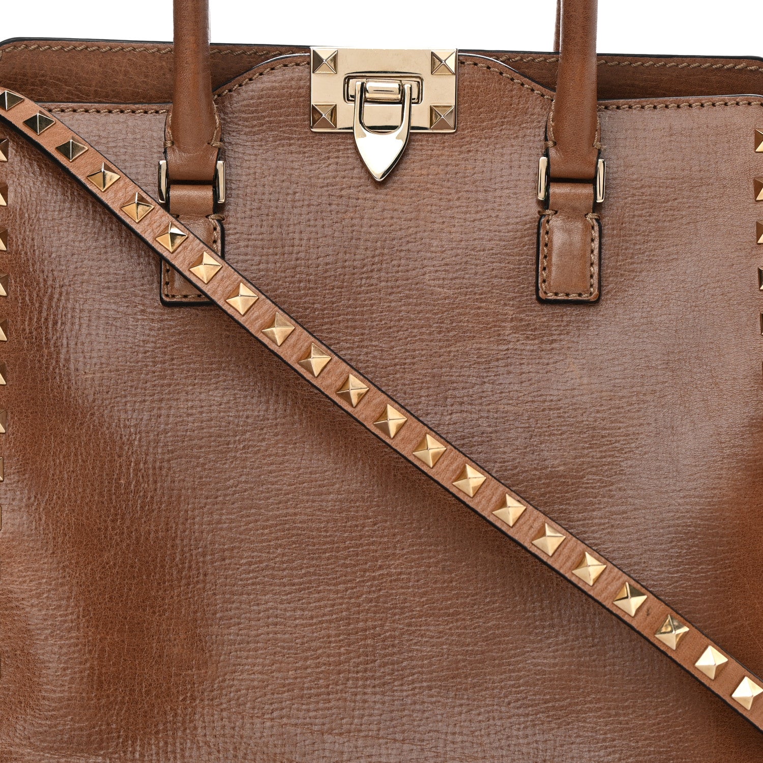 Valentino Garavani Textured Calfskin Rockstud Double Handle Tote Tan 8 of 17