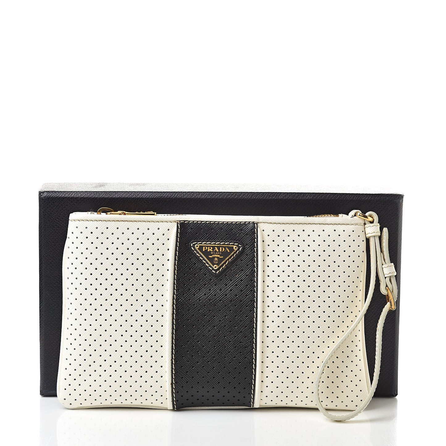 Saffiano Perforated Wristlet White Black