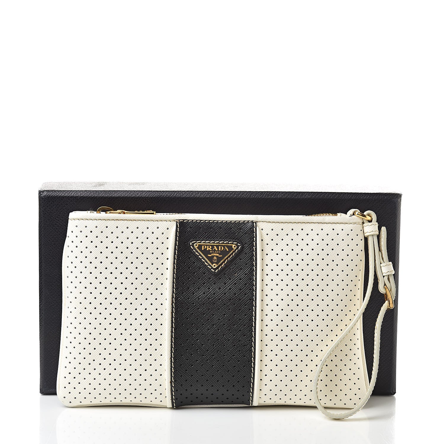 Prada Saffiano Perforated Wristlet White Black 11 of 11