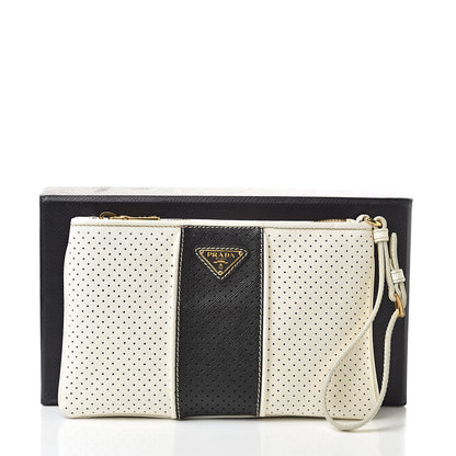 Prada Saffiano Perforated Wristlet White Black 11 of 11