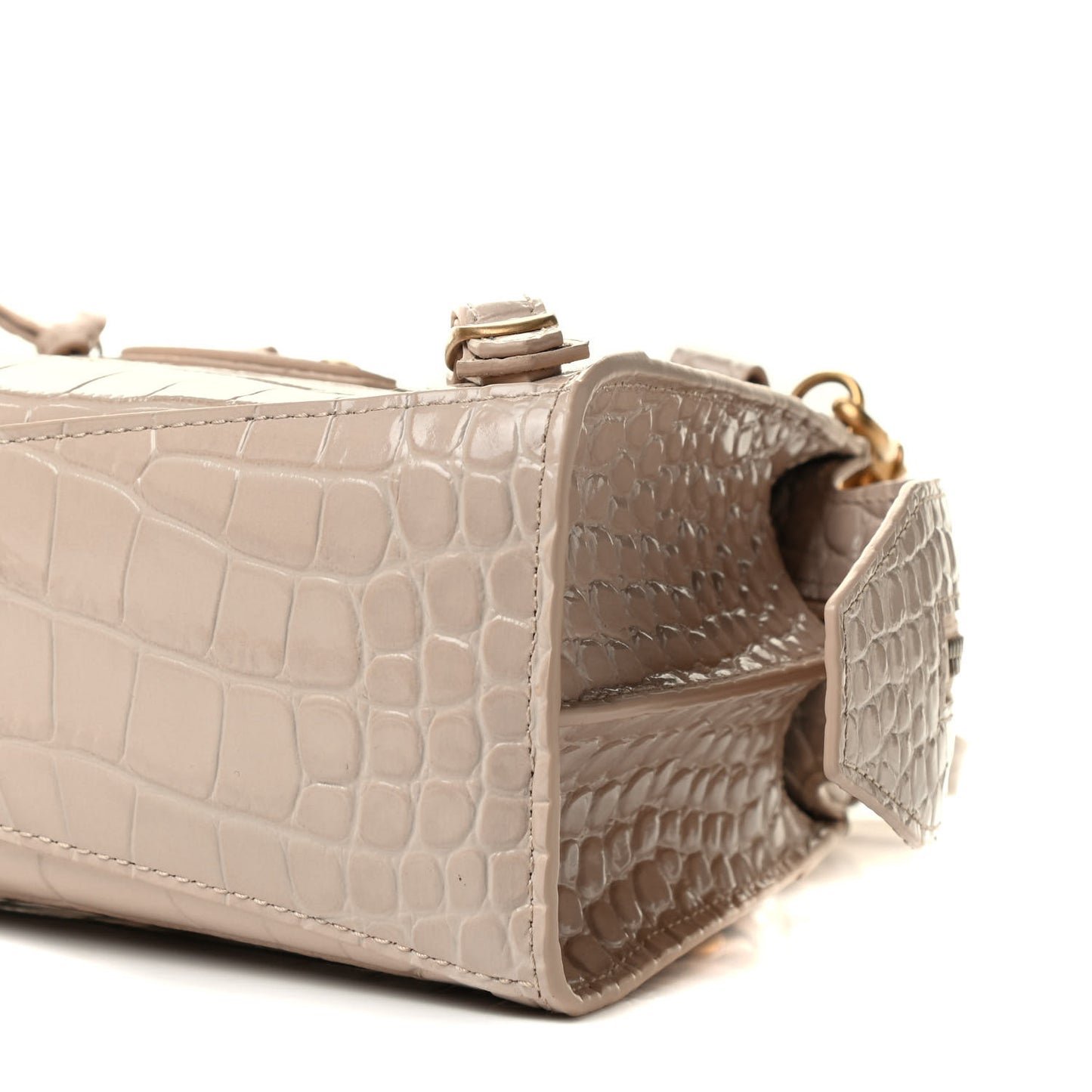 Shiny Supple Calfskin Crocodile Embossed Neo Classic Gold Hardware Mini City Light Beige