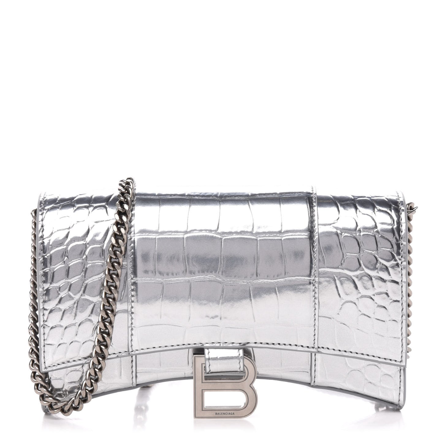 Metallic Calfskin Crocodile Embossed Hourglass Chain Bag Silver