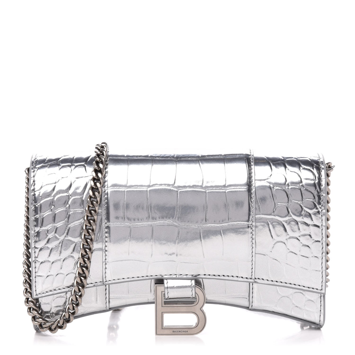Balenciaga Metallic Calfskin Crocodile Embossed Hourglass Chain Bag Silver 1 of 9