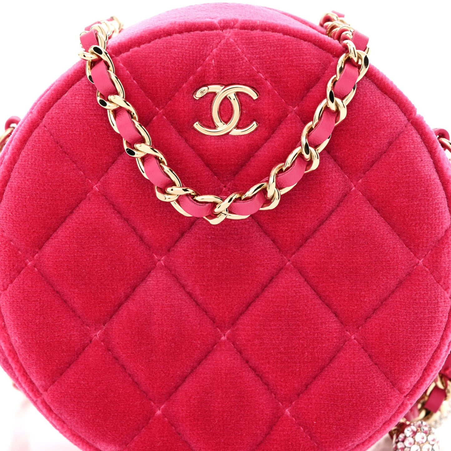 Velvet Round Quilted Pearl Crush Clutch With Chain Pink