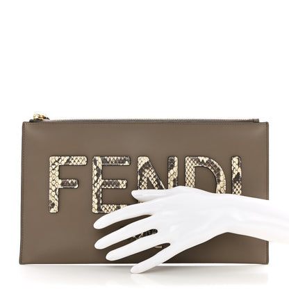 Fendi Vitello King Luxor Elaphe Python Print Logo Medium Flat Pouch Tartufo Daisy Roccia 2 of 8