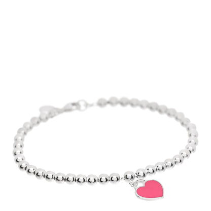 Tiffany Sterling Silver Enamel 4mm Return to Tiffany Heart Tag Bead Bracelet Hot Pink 1 of 5