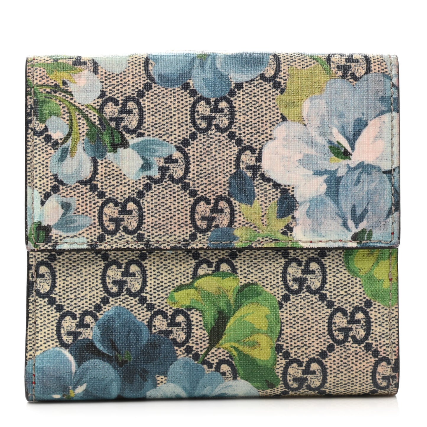 GG Supreme Monogram Blooms French Flap Wallet Beige Blue Navy Hibiscus Red