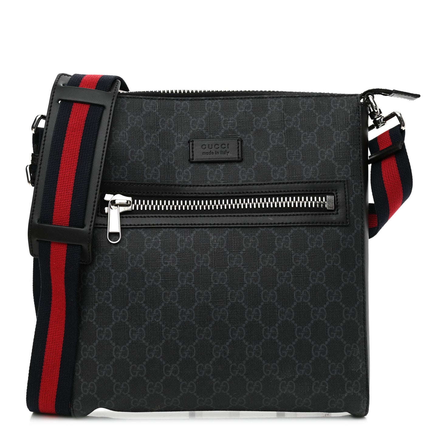 GG Supreme Monogram Appia Calfskin Web Flat Messenger Bag Black Grey