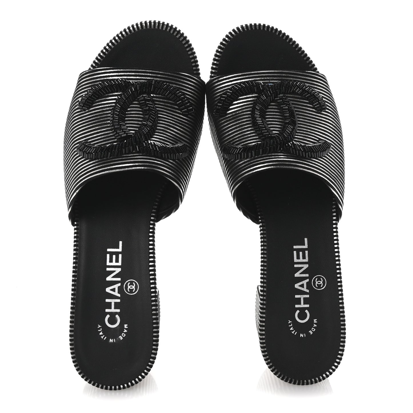 Calfskin Striped Beaded CC Mule Sandals 37.5 Black