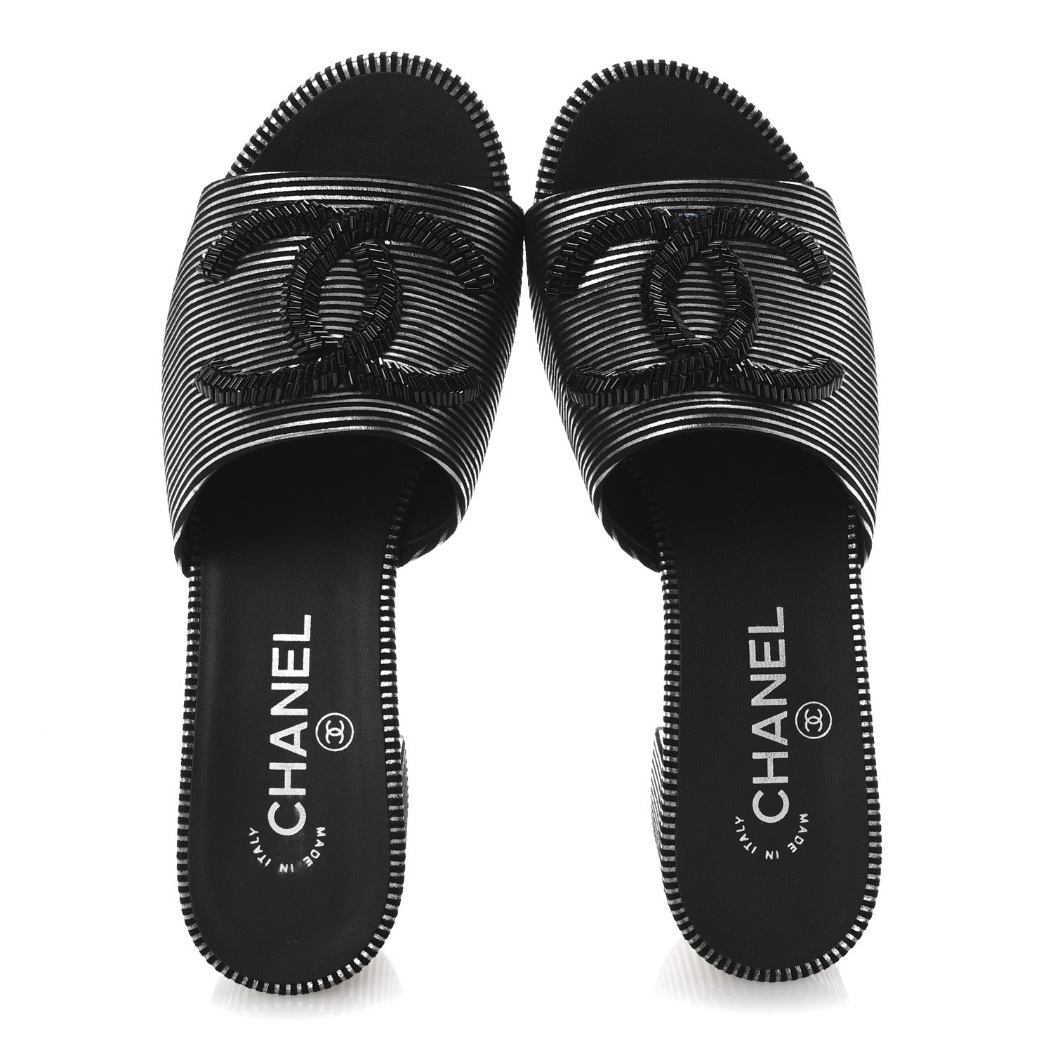 Chanel Calfskin Striped Beaded CC Mule Sandals 37.5 Black 2 of 10
