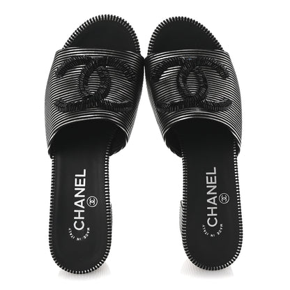 Chanel Calfskin Striped Beaded CC Mule Sandals 37.5 Black 2 of 10