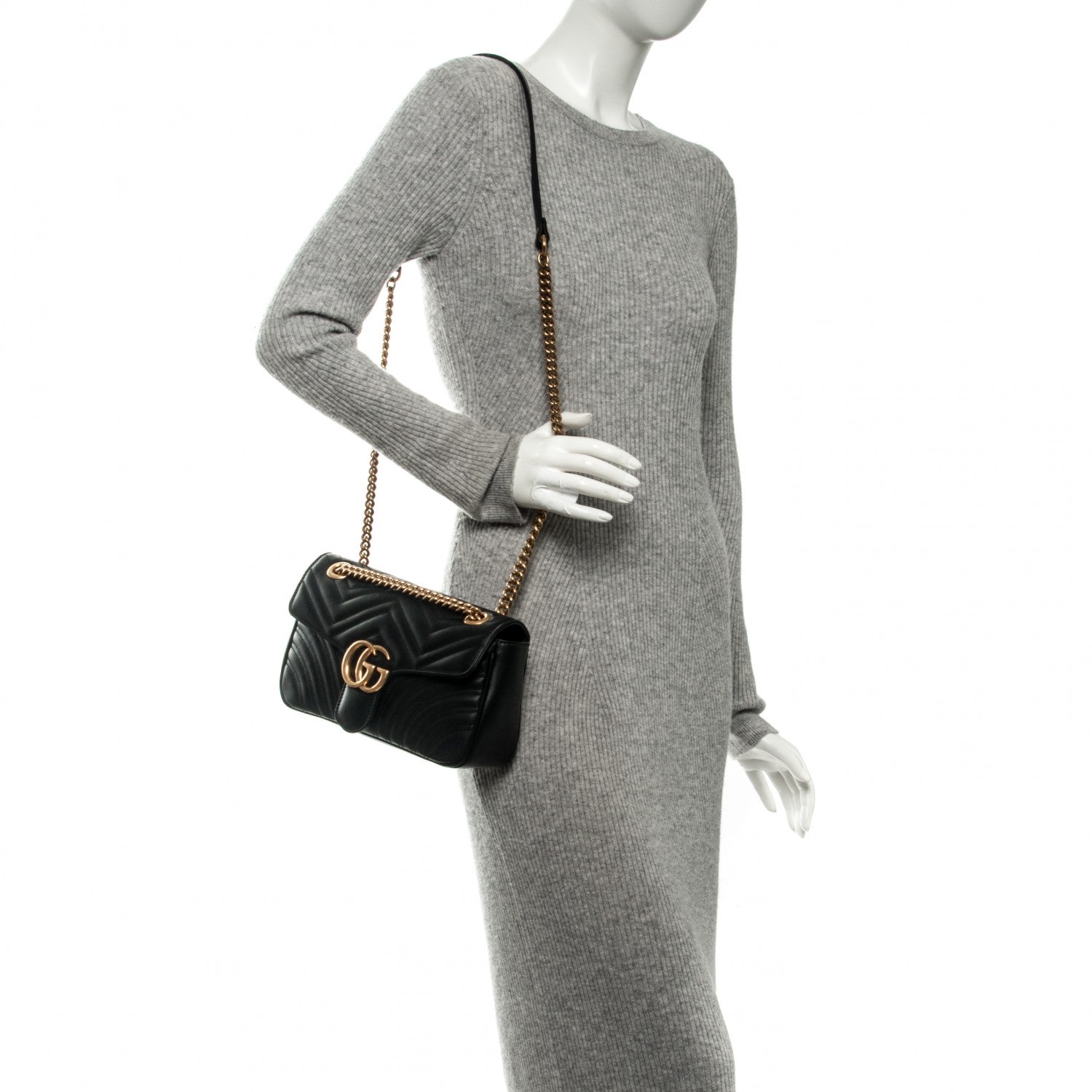 Gucci Calfskin Matelasse Small GG Marmont Shoulder Bag Black 2 of 7