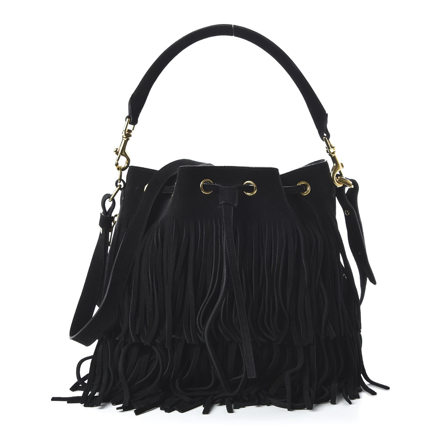 Saint Laurent Suede Calfskin Small Emmanuelle Fringe Bucket Bag Black 1 of 11
