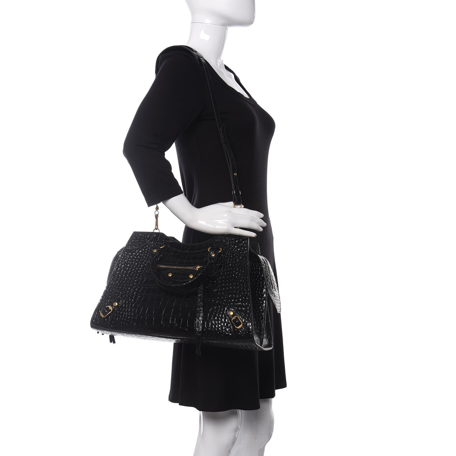 Balenciaga Shiny Supple Calfskin Crocodile Embossed Brass Hardware Neo Classic City Black 2 of 9