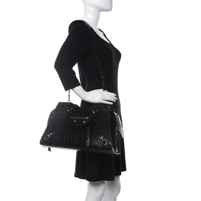 Balenciaga Shiny Supple Calfskin Crocodile Embossed Brass Hardware Neo Classic City Black 2 of 9
