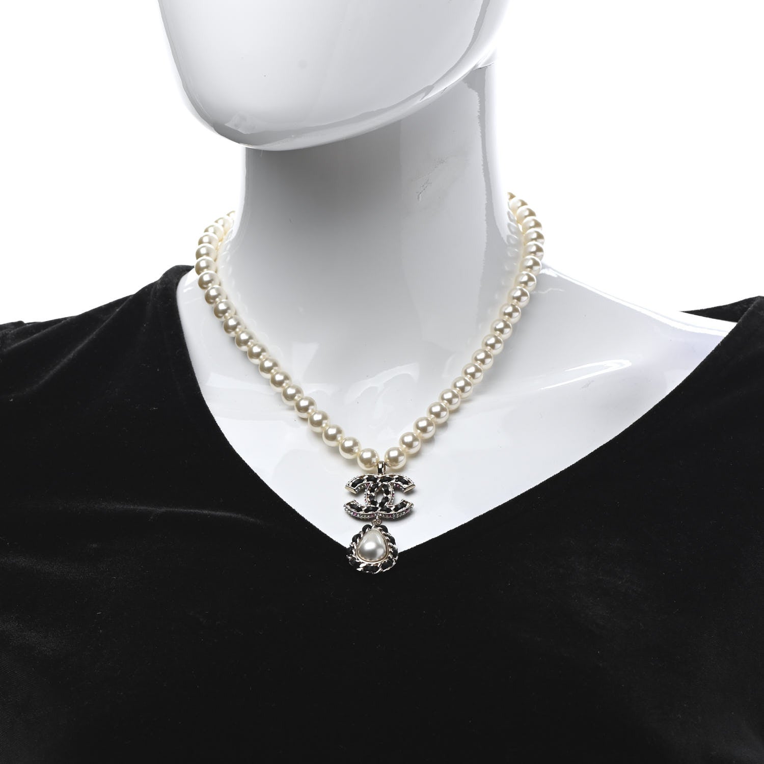 Chanel Lambskin Crystal Pearl CC Short Pendant Necklace Gold Pearly White Black Multicolor 2 of 7