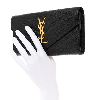 Saint Laurent Grain De Poudre Matelasse Chevron Monogram Flap Wallet Black 2 of 7