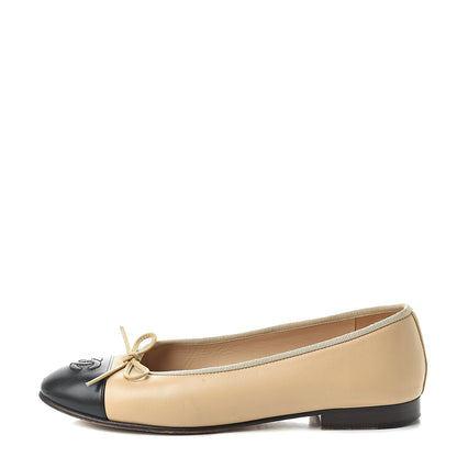 Chanel Lambskin Cap Toe CC Ballerina Flats 37 Beige Black 1 of 13