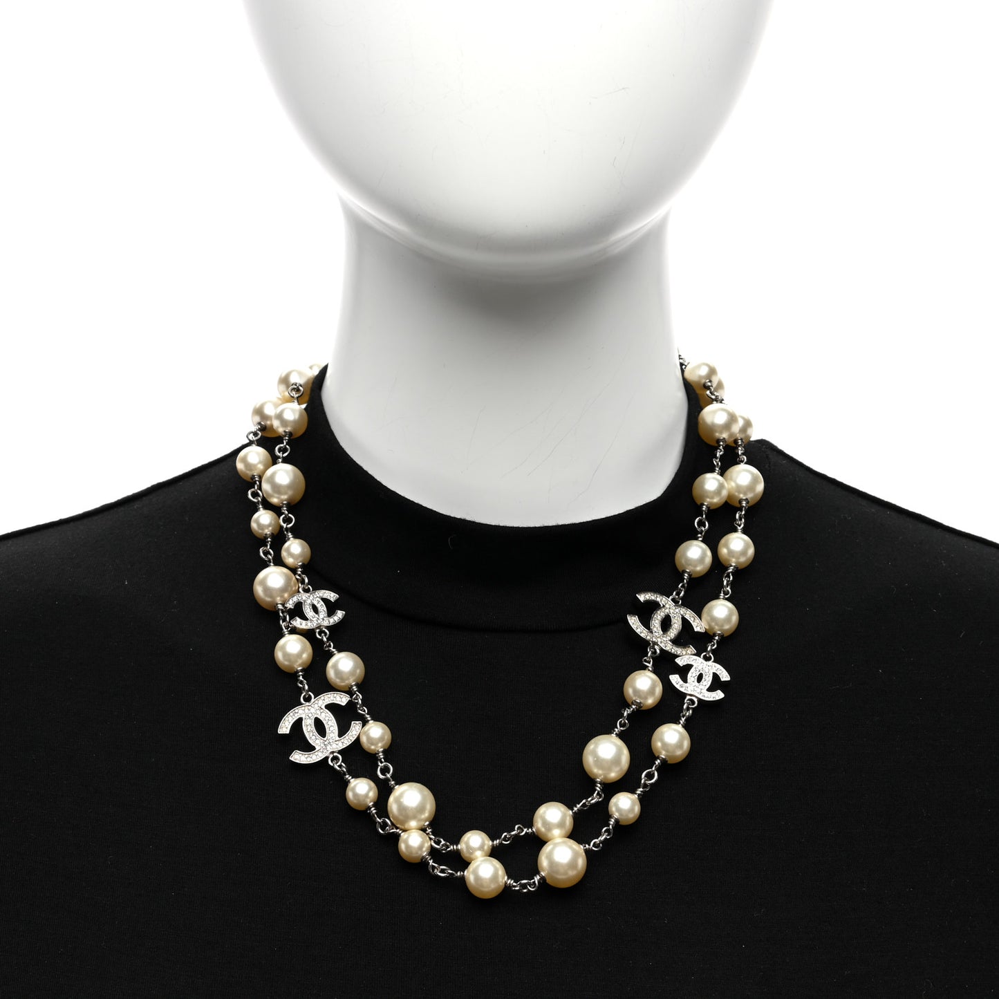 Pearl Crystal CC Long Necklace Silver