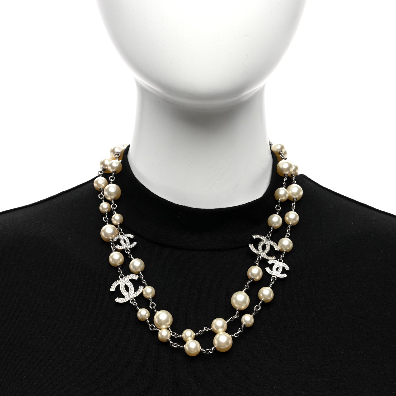 Chanel Pearl Crystal CC Long Necklace Silver 3 of 4