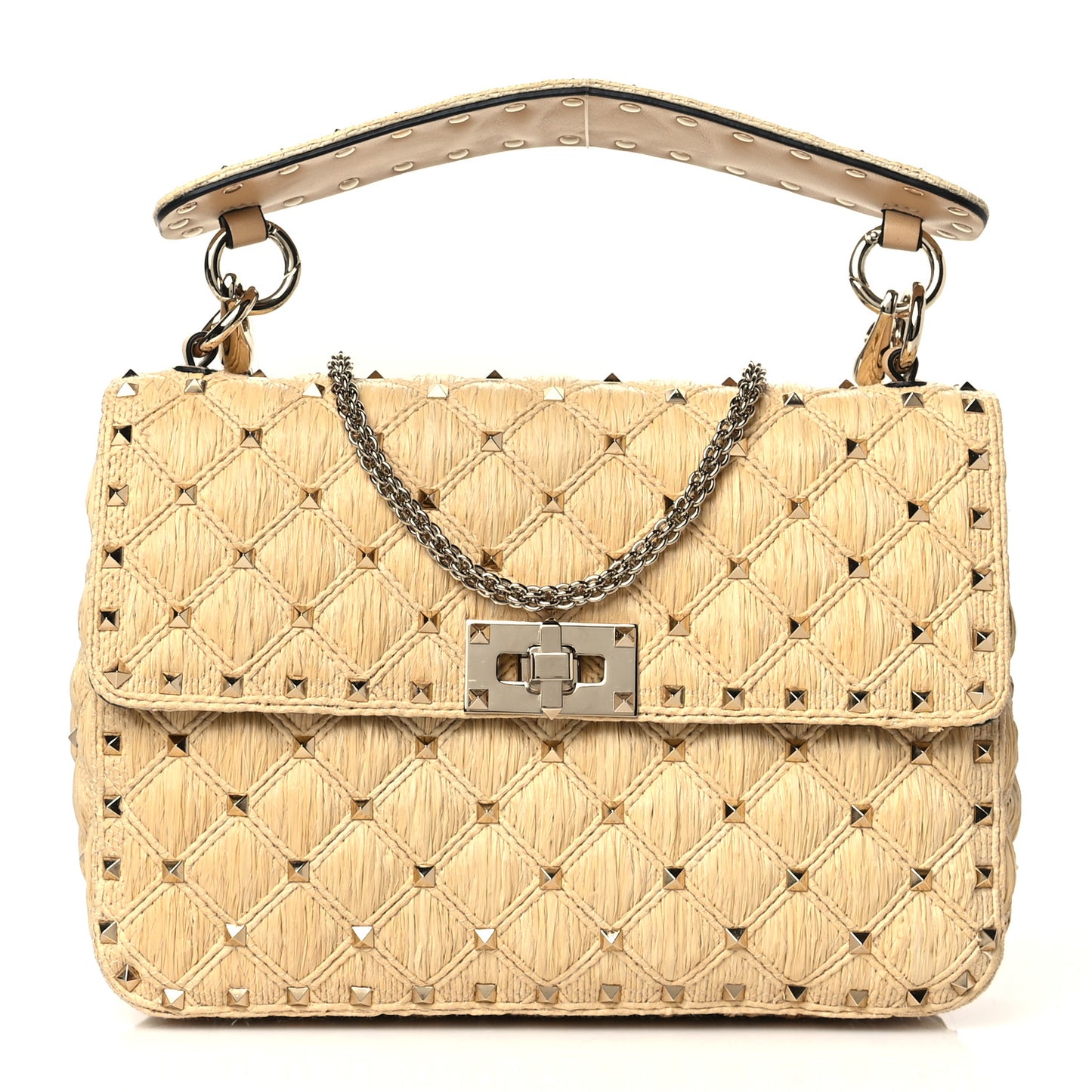 Raffia Lambskin Medium Rockstud Spike Shoulder Bag Naturale