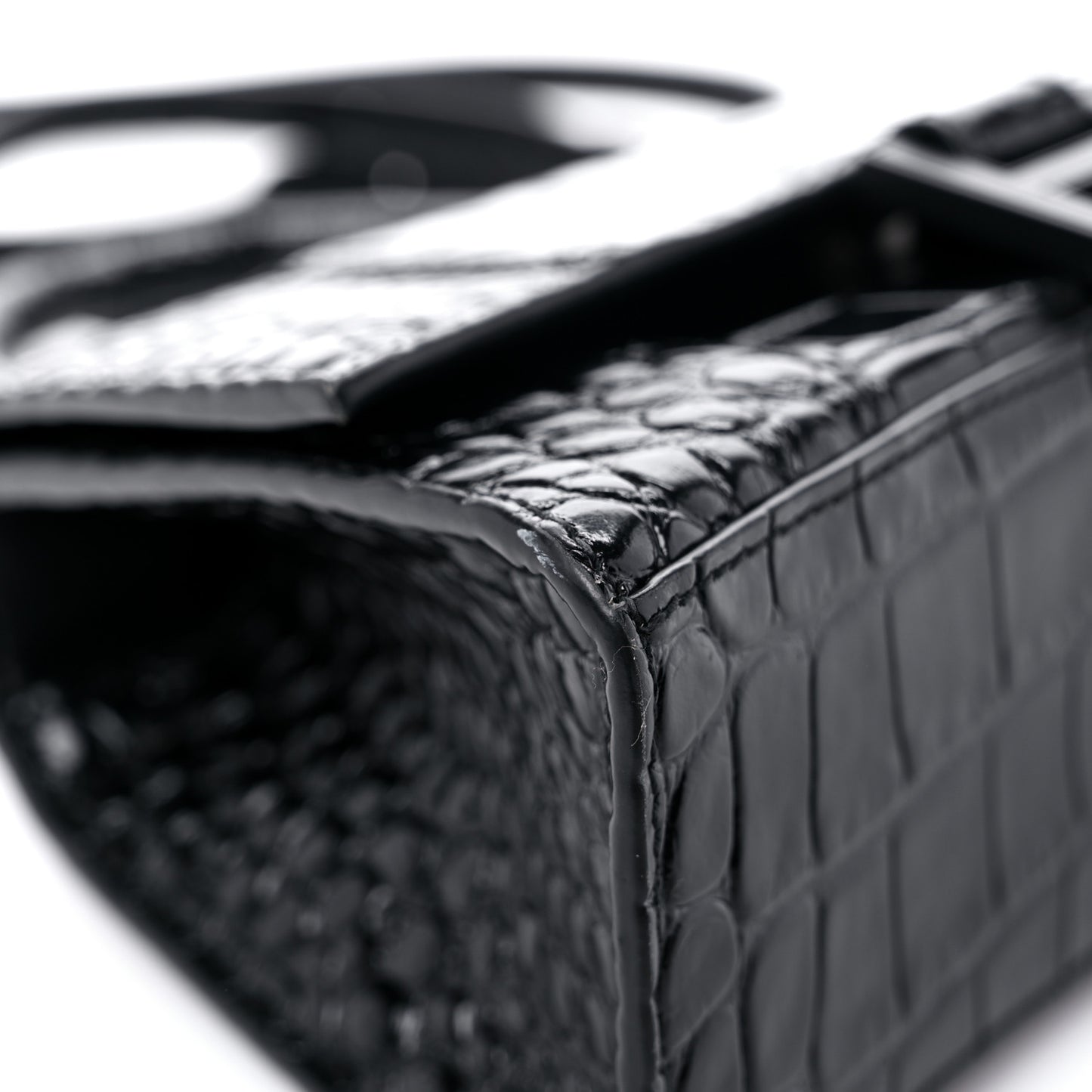 Shiny Calfskin Monochrome Crocodile Embossed Hourglass Top Handle Bag XS Black