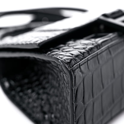 Balenciaga Shiny Calfskin Monochrome Crocodile Embossed Hourglass Top Handle Bag XS Black 7 of 16