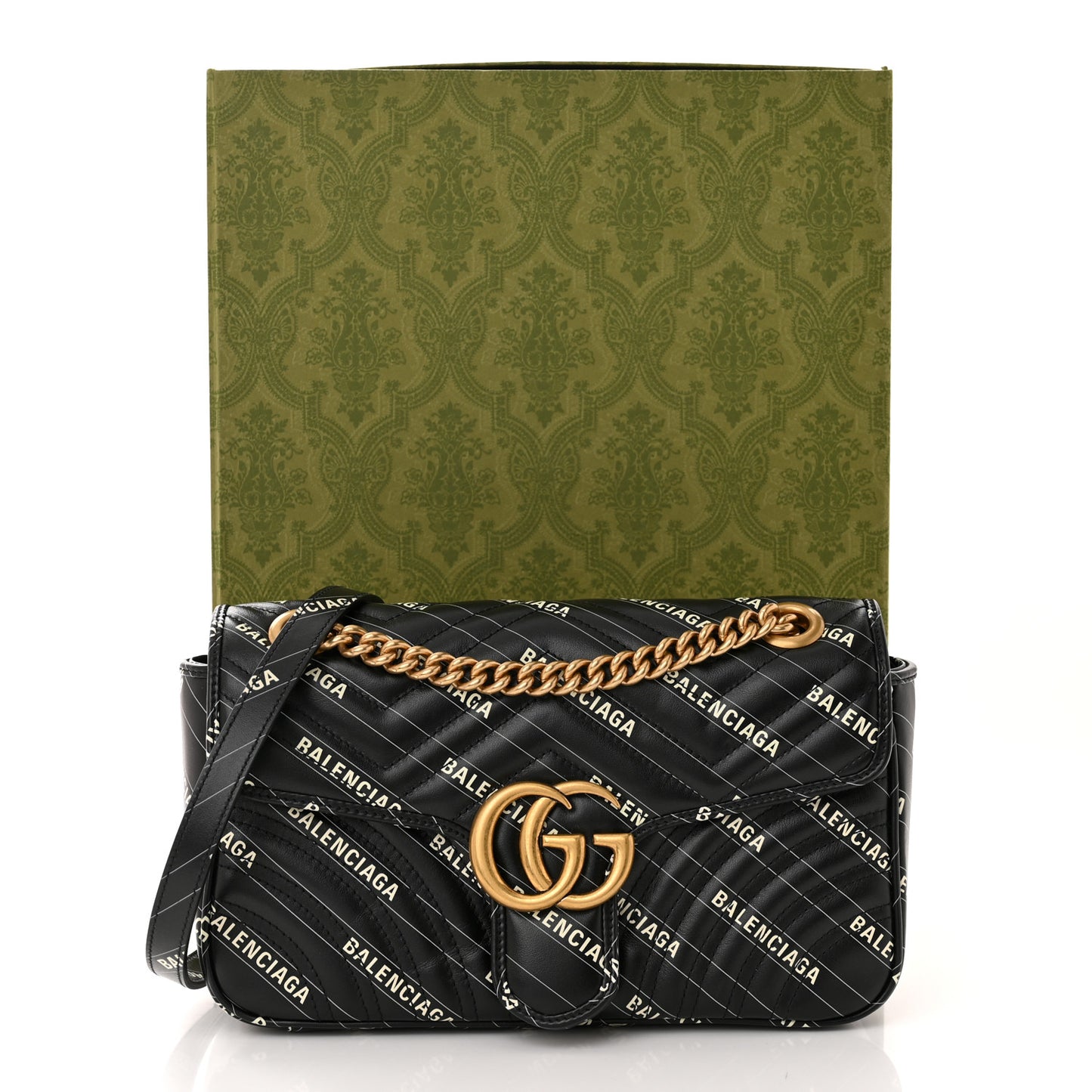 X BALENCIAGA Calfskin Matelasse Logo Print Small GG Marmont Shoulder Bag Black