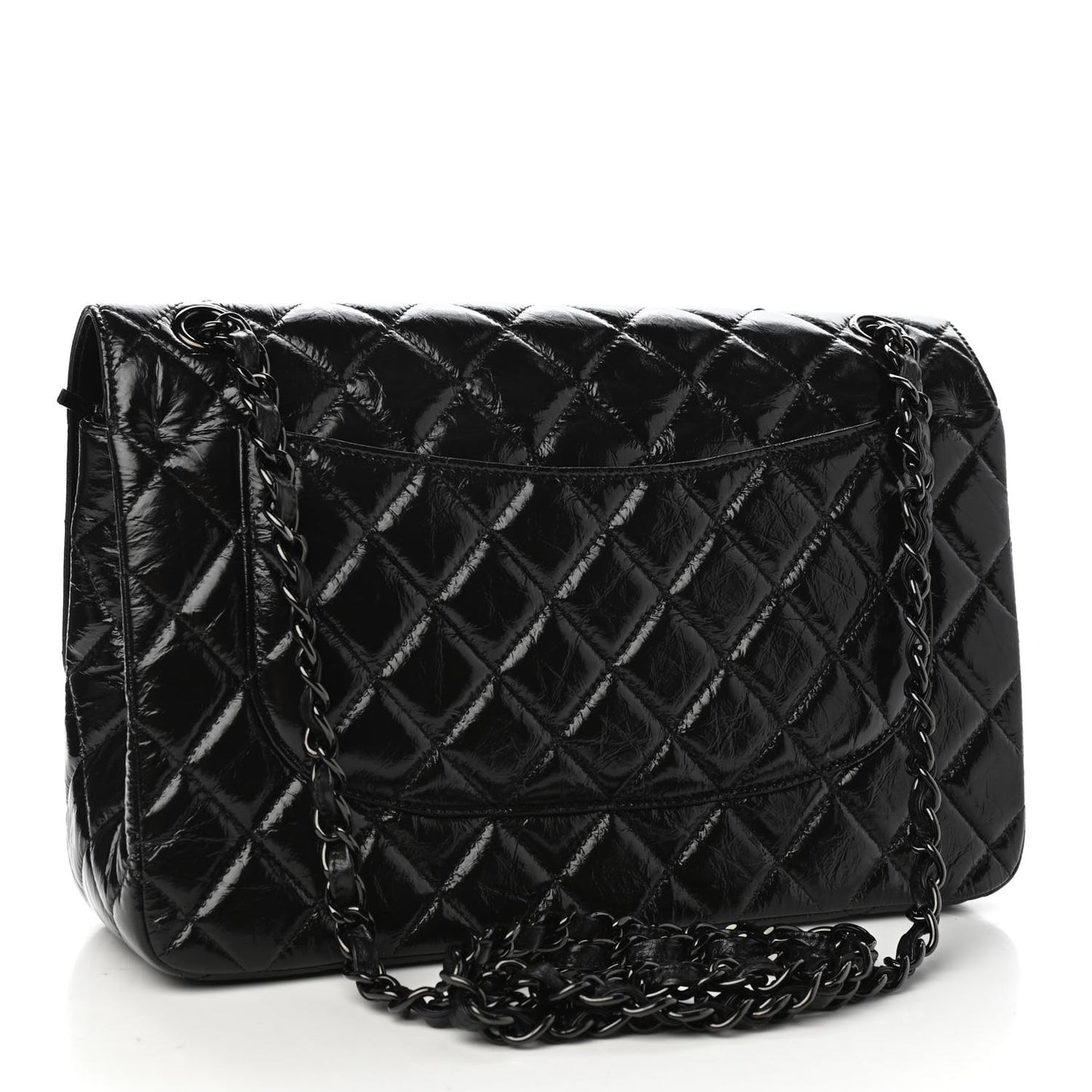 Shiny Distressed Calfskin Quilted Jumbo Double Flap So Black