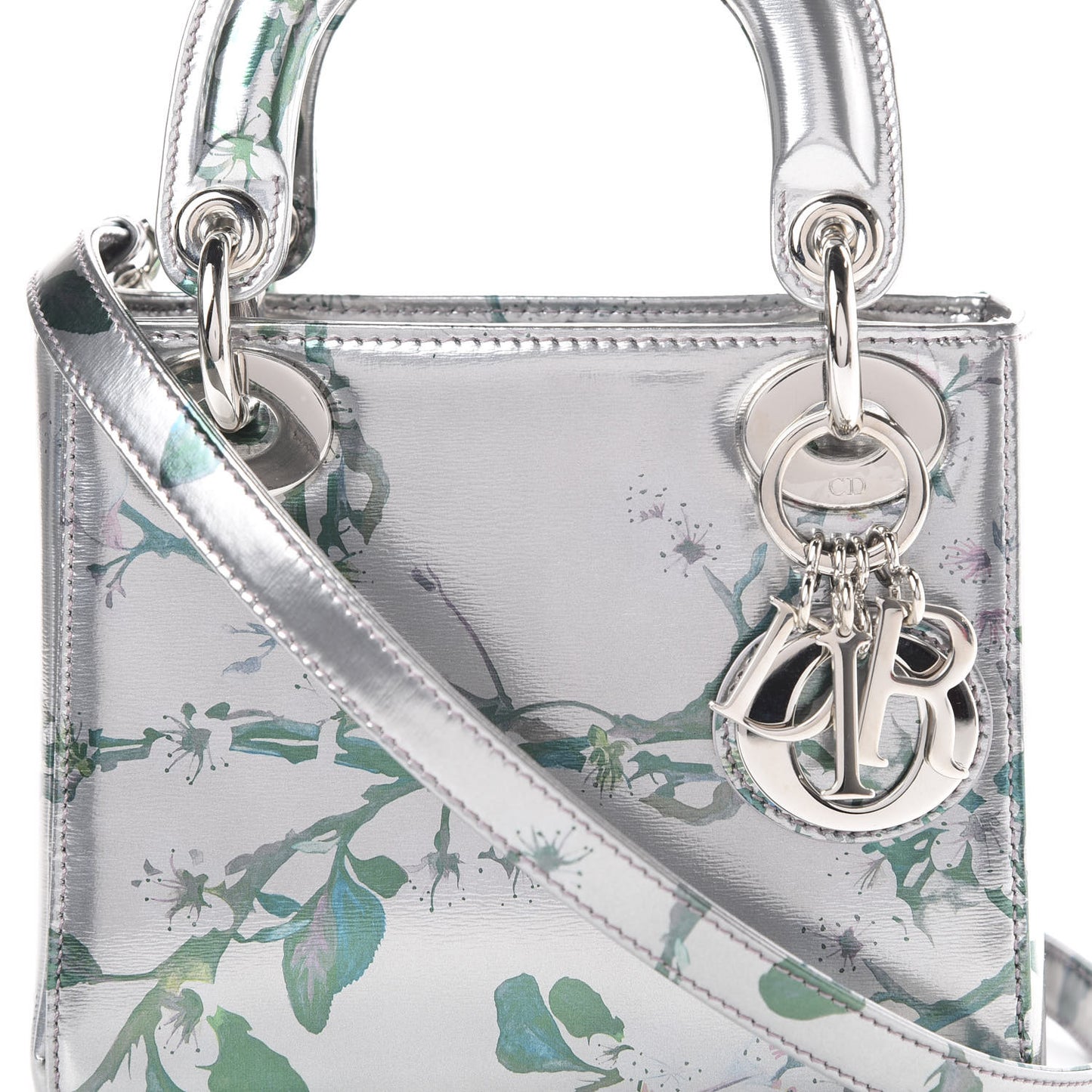 Metallic Calfskin Cherry Blossom Print Mini Lady Dior Silver