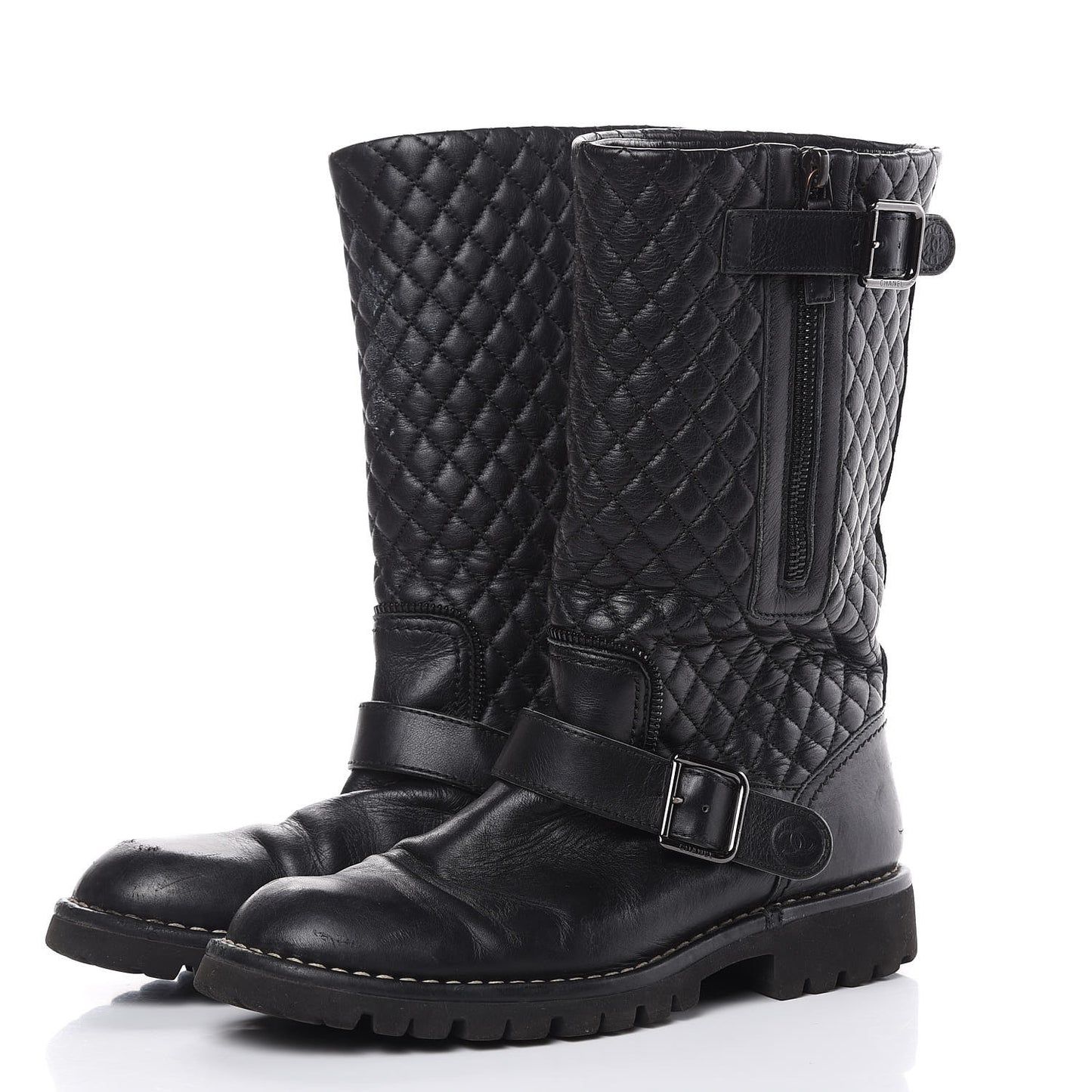 Calfskin Quilted Biker Boots 38.5 Black