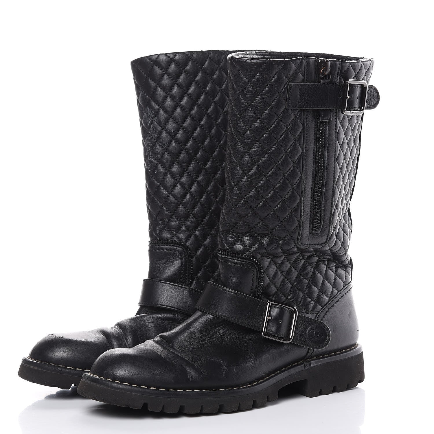 Chanel Calfskin Quilted Biker Boots 38.5 Black 3 of 15
