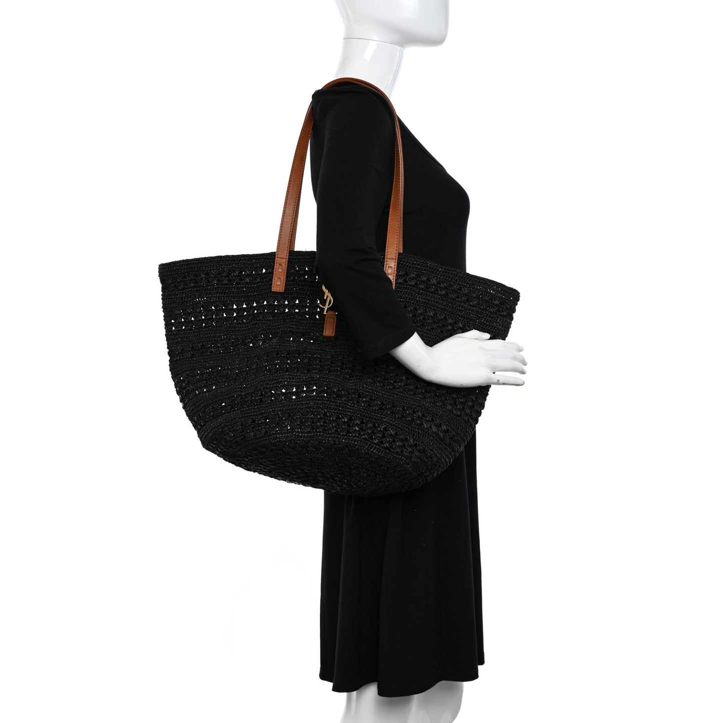 Raffia Calfskin Medium Panier Tote Black