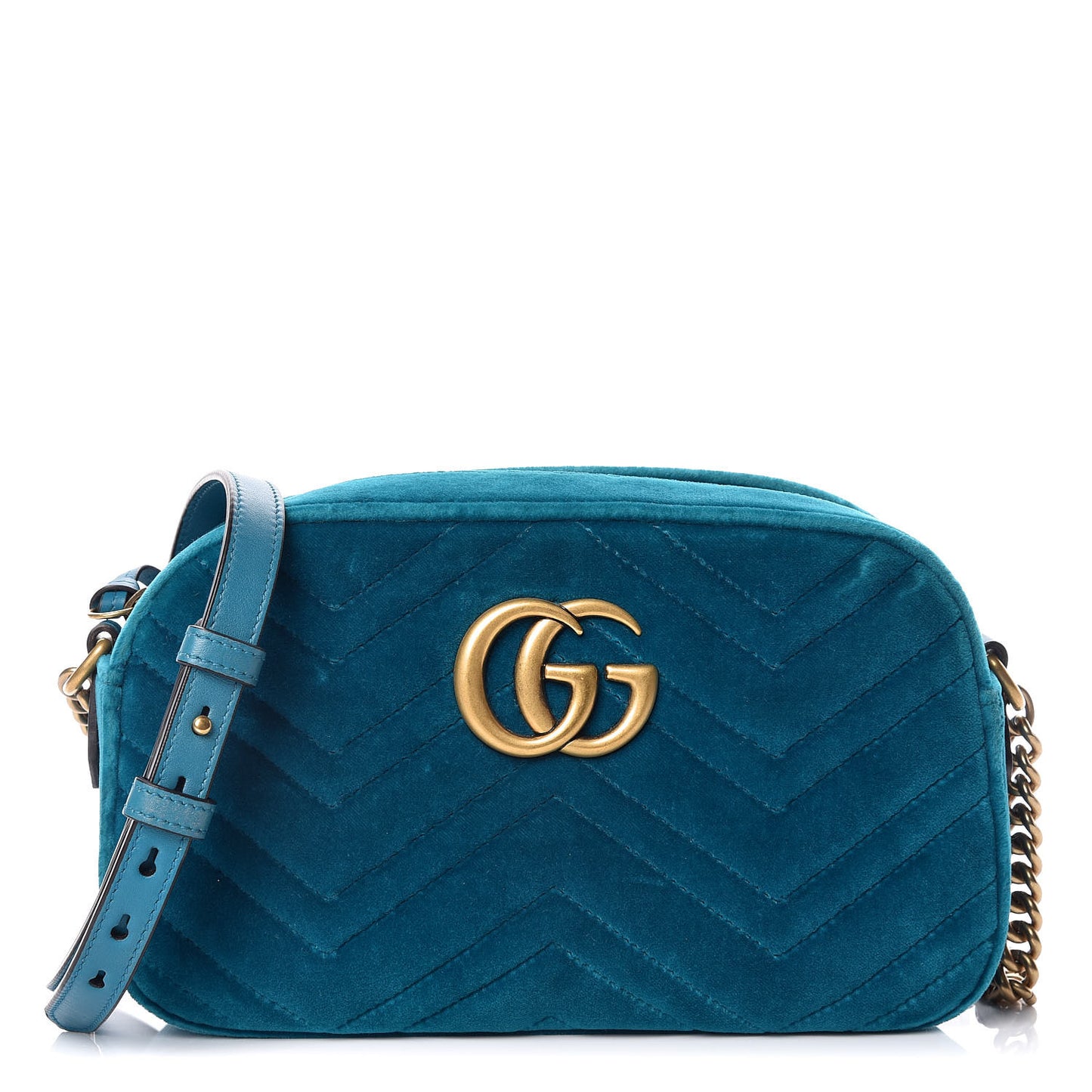 Velvet Matelasse Small GG Marmont Chain Shoulder Bag Pavone Cyan