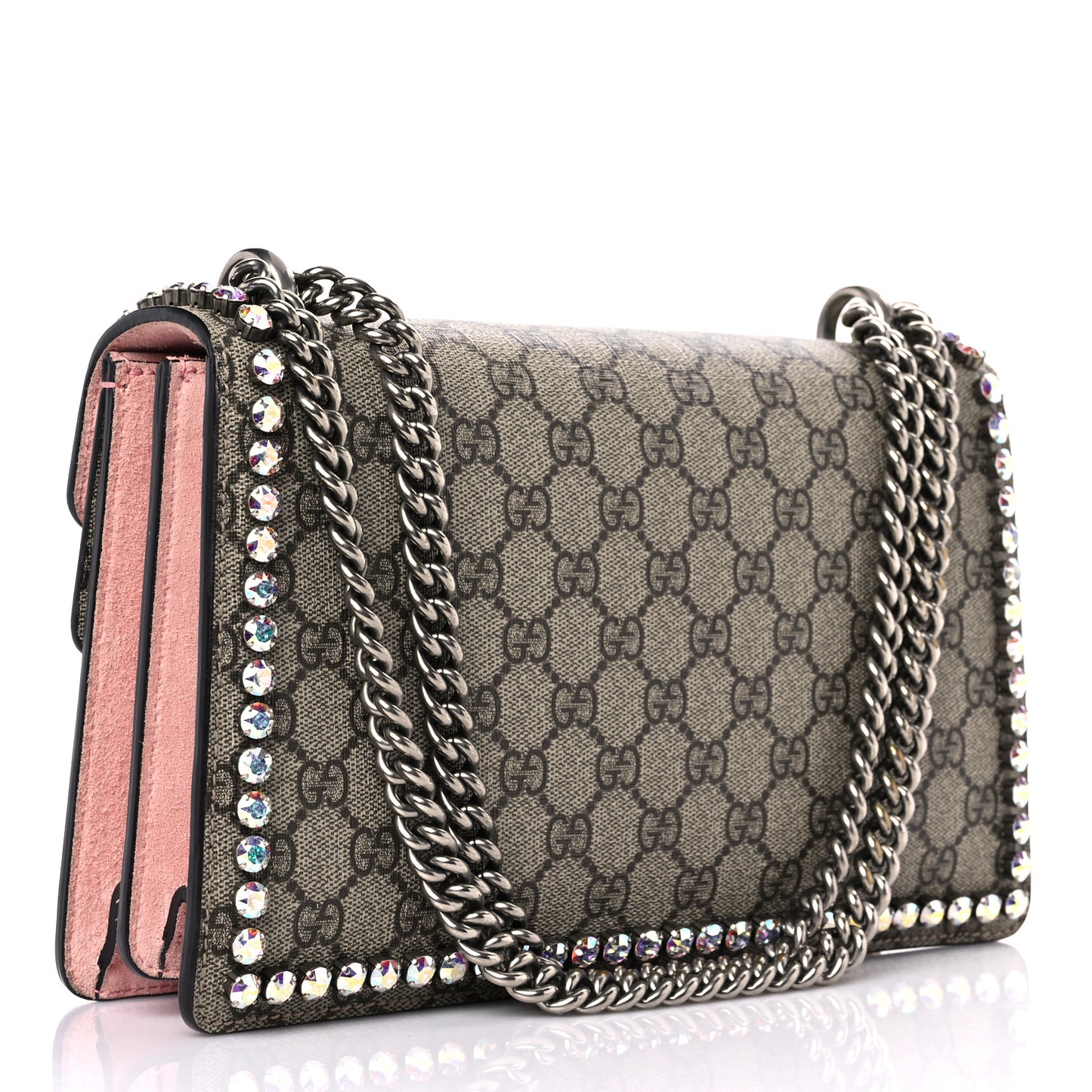 GG Supreme Monogram Suede Crystal Small Dionysus Shoulder Bag Beige Ebony Light Peonia
