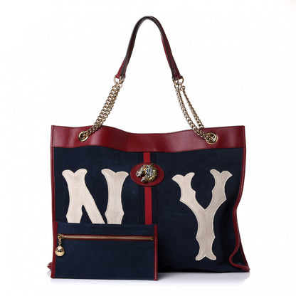 Gucci X MLB Suede Calfskin NY Yankees Large Rajah Chain Tote New Blue Romantic Cherry 1 of 4
