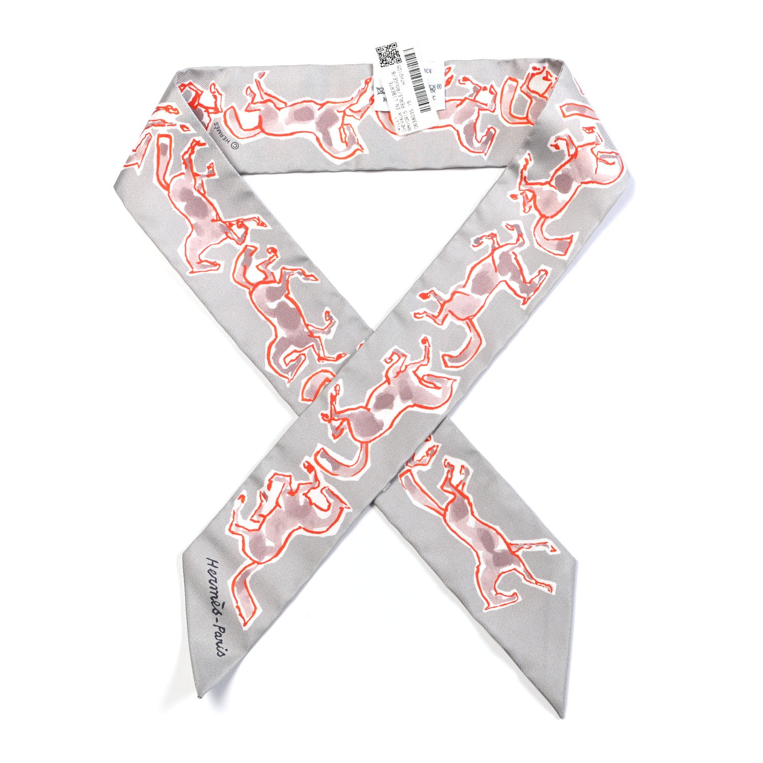 Hermes Silk Chevaux En Liberte Twilly Gris Perle Rouge White 1 of 4