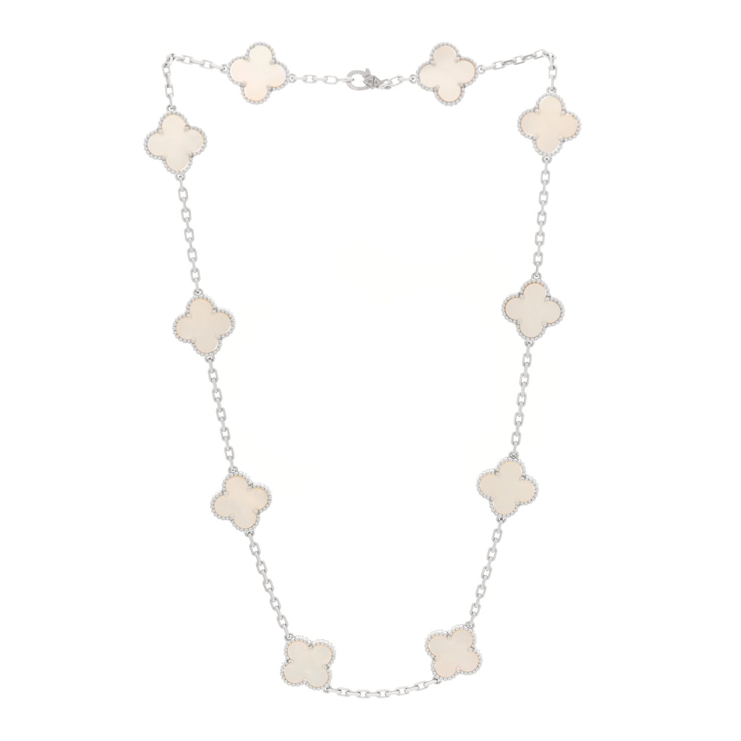 18K White Gold Mother of Pearl 10 Motifs Vintage Alhambra Necklace