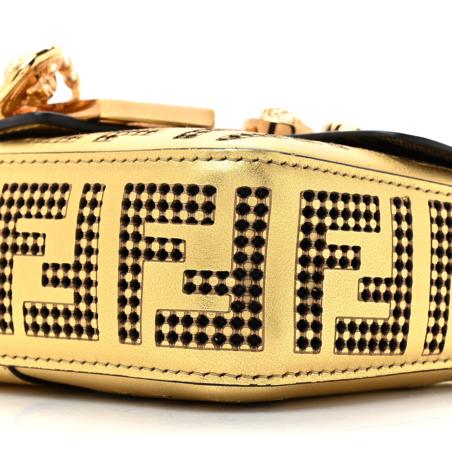 X VERSACE Vitello Laminato Nappa Perforated Fendace FF Baroque Mini Brooch Baguette Gold