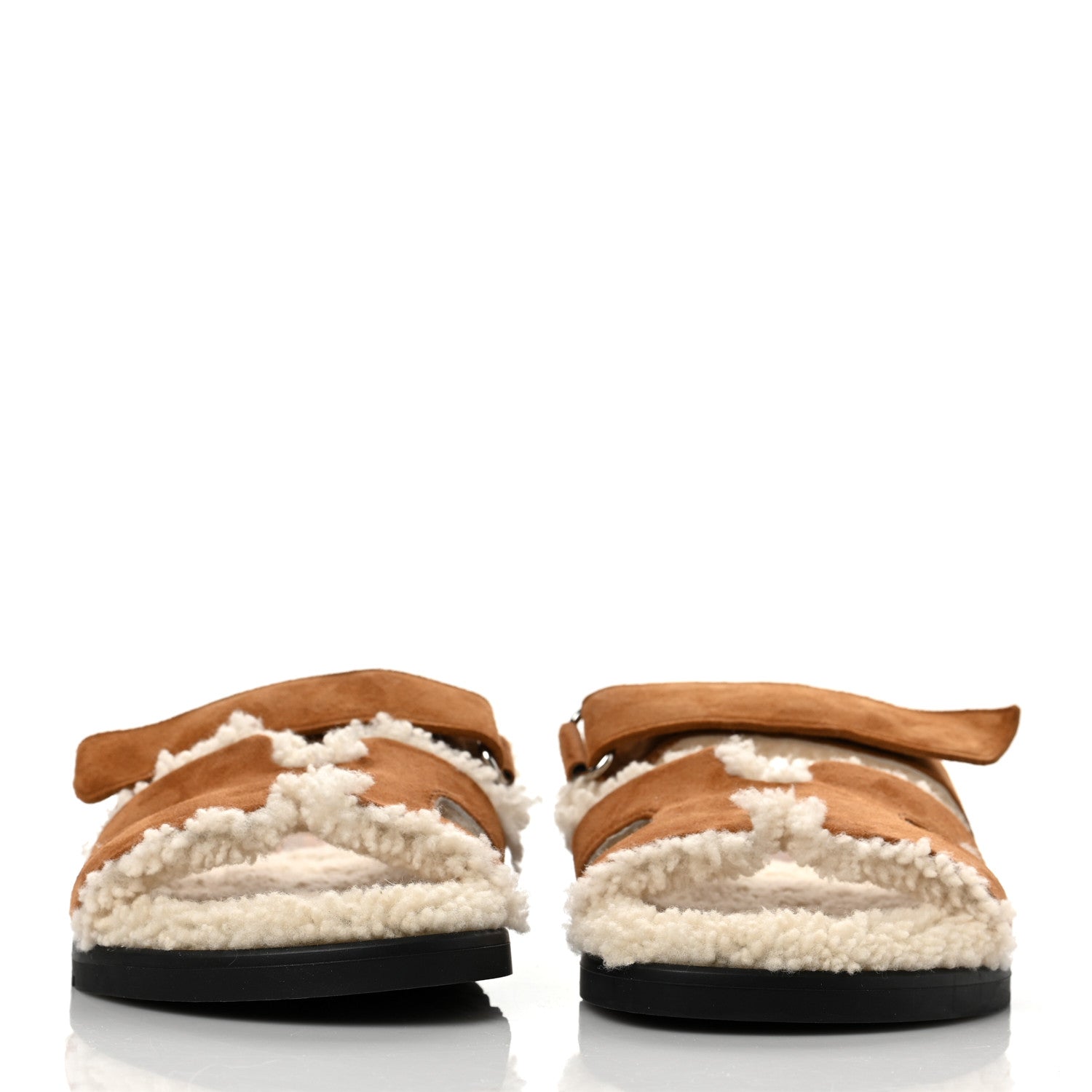 Hermes Suede Goatskin Woolskin Womens Chypre Sandals 37.5 Brun Fume Ecru 2 of 8