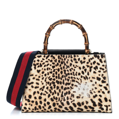 Gucci Calf Hair Bamboo Web Leopard Print Small Nymphaea Top Handle Bag Black 1 of 12