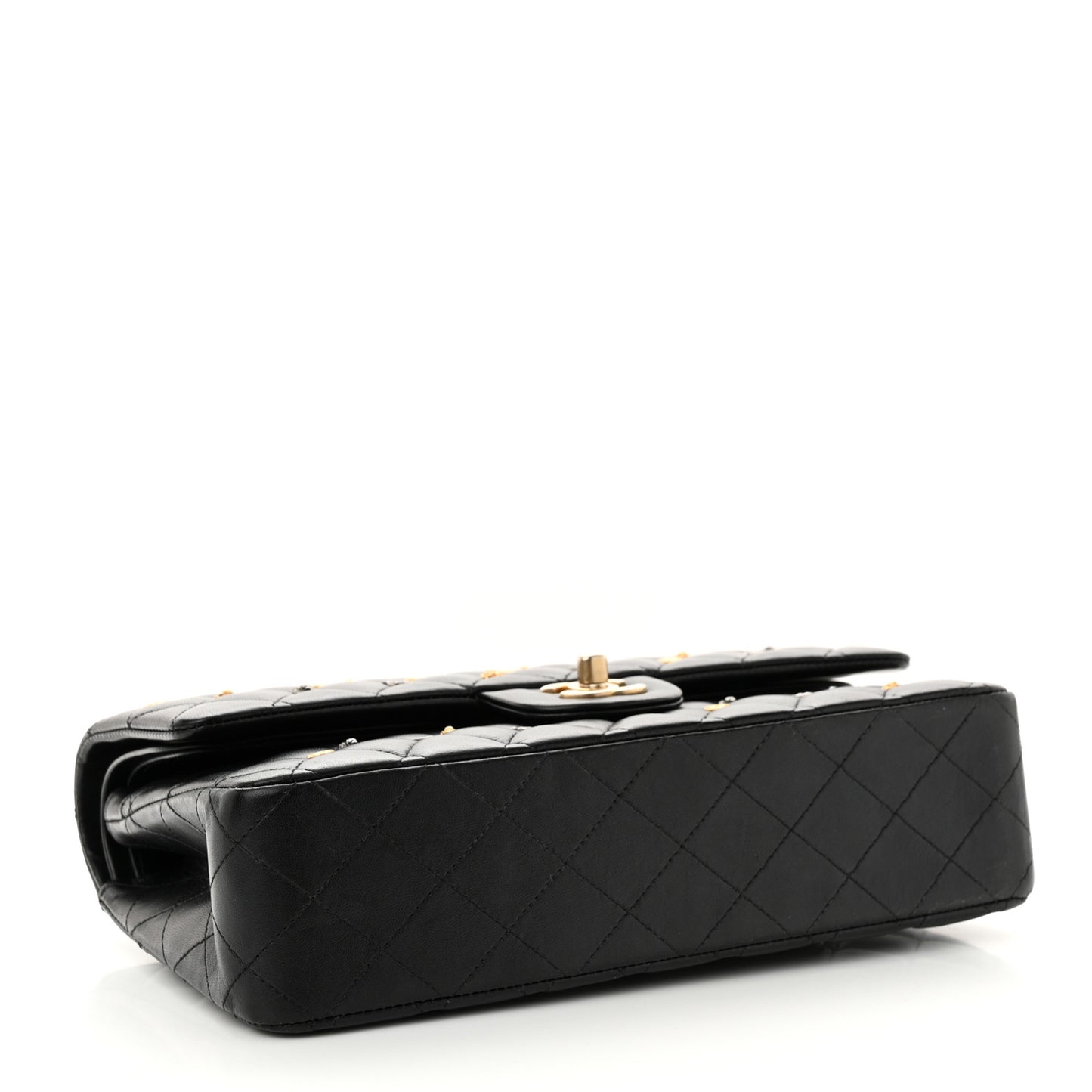 Lambskin Quilted Studded Medium Double Flap Black
