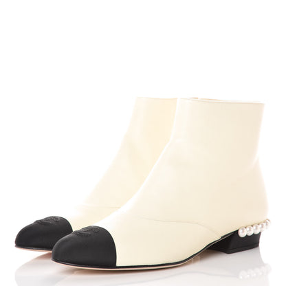 Chanel Lambskin Grosgrain Pearl Cap Toe Short Boots 37 Ivory Black 3 of 9
