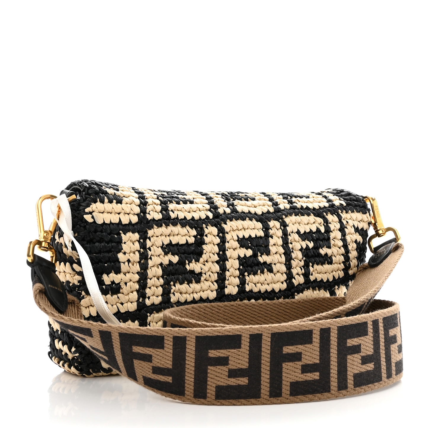 Raffia Vitello Dolce FF 1974 Crochet Baguette Black Natural