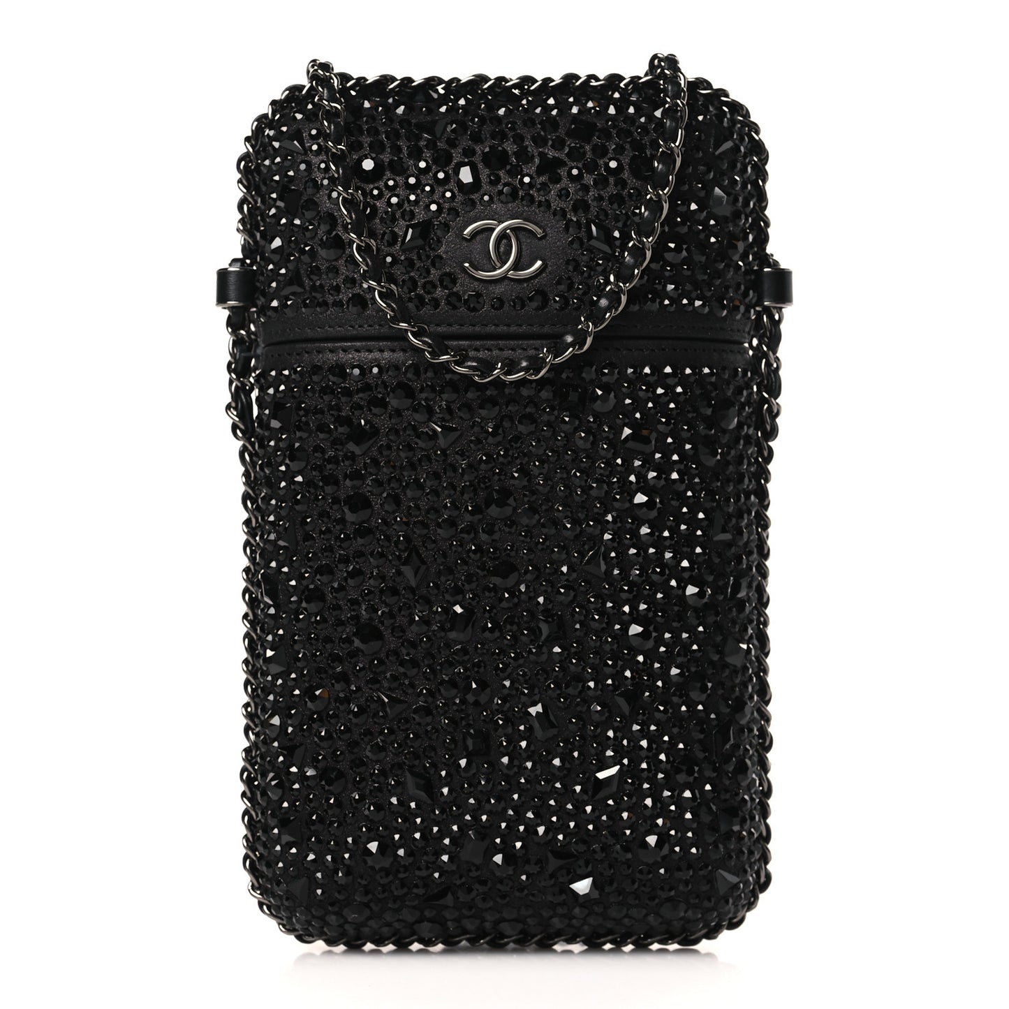 Satin Crystal Chain Around Phone Holder Black