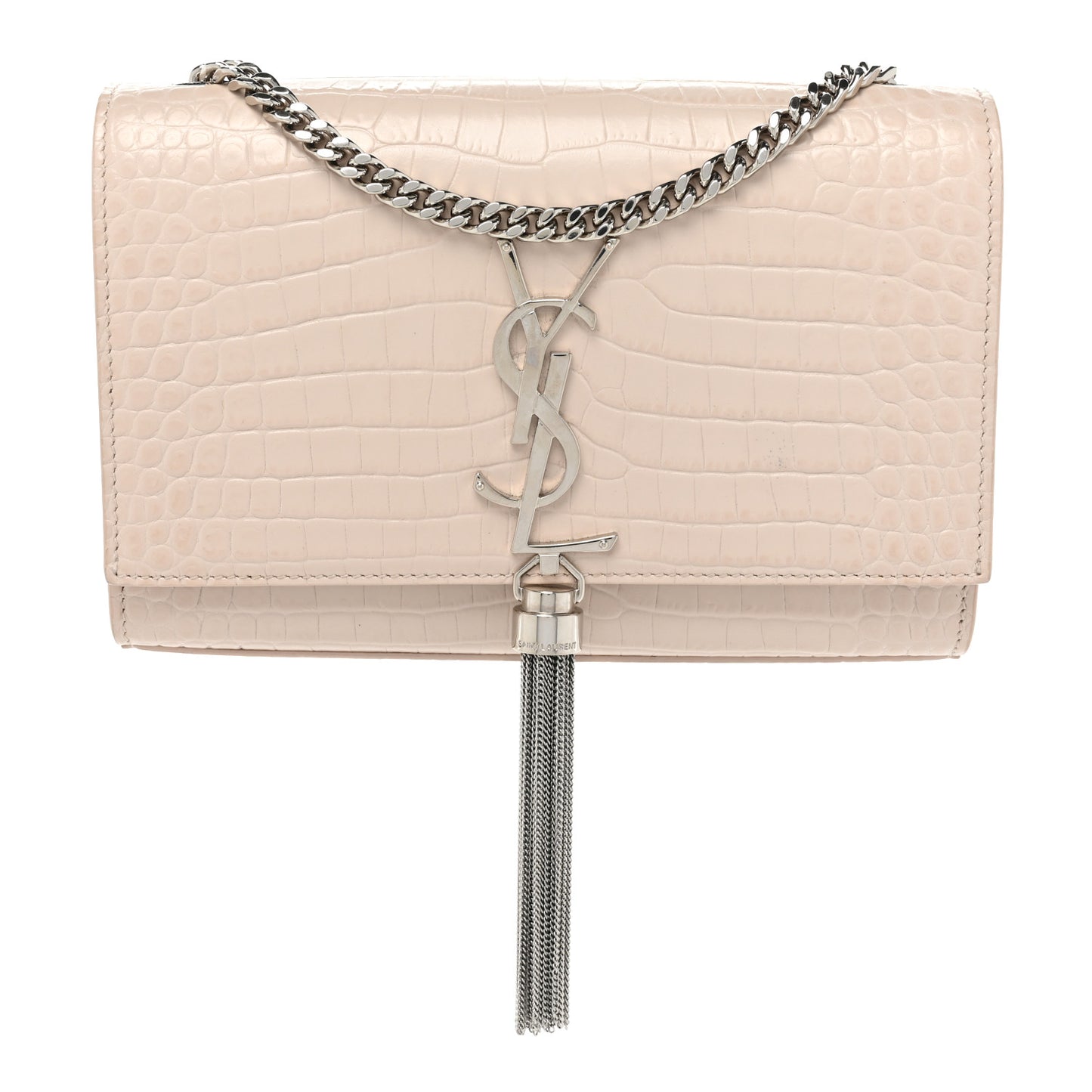 Calfskin Crocodile Embossed Small Classic Monogram Kate Tassel Satchel Crema Soft