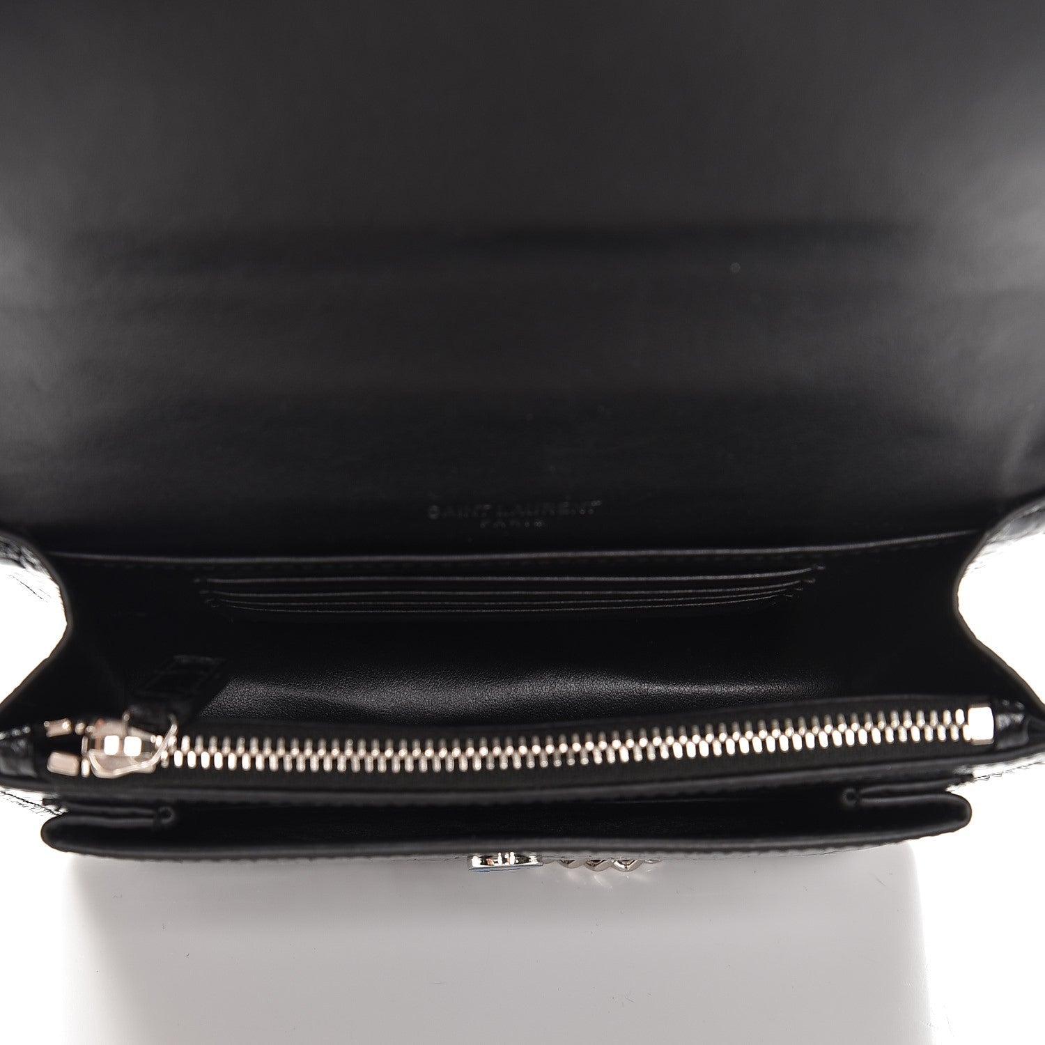 Saint Laurent Calfskin Crocodile Embossed Monogram Sunset Chain Wallet Black 5 of 6