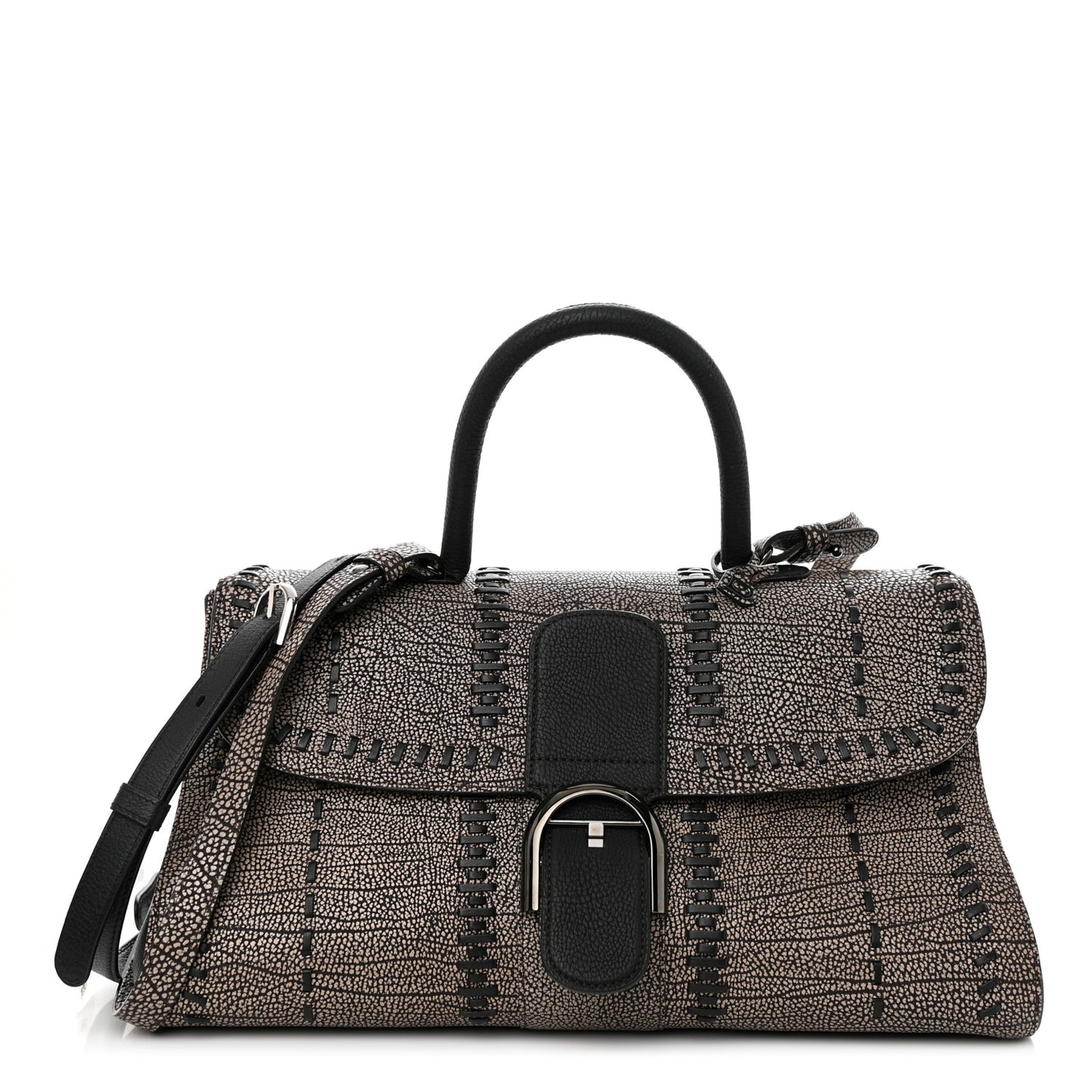 Grained Calfskin Tribal Stitch Brillant East West Satchel Ebene Ivory Black