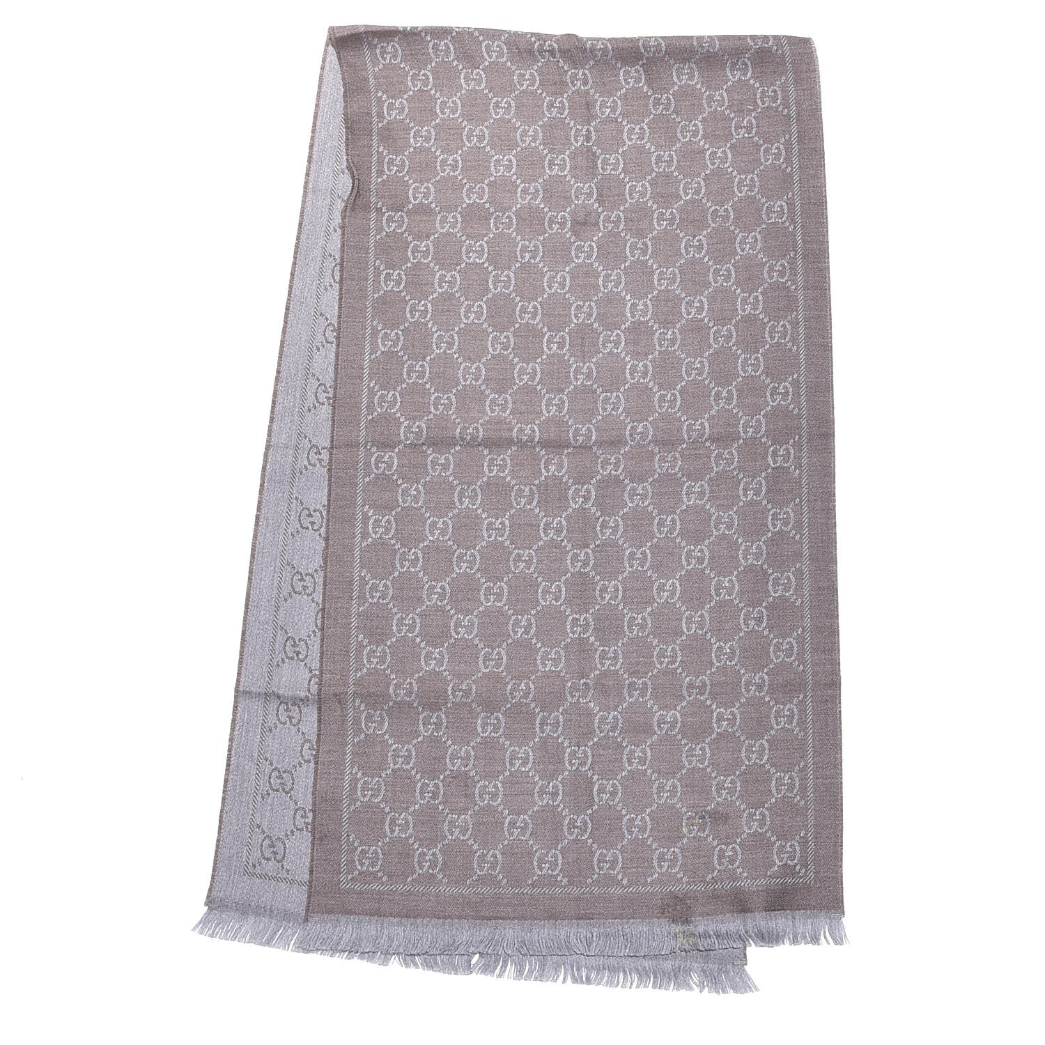 Gucci Wool Jacquard GG Monogram Sten Fringe Scarf Taupe Light Grey 3 of 6