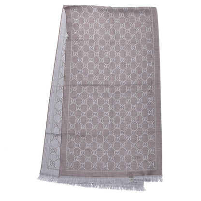 Gucci Wool Jacquard GG Monogram Sten Fringe Scarf Taupe Light Grey 3 of 6